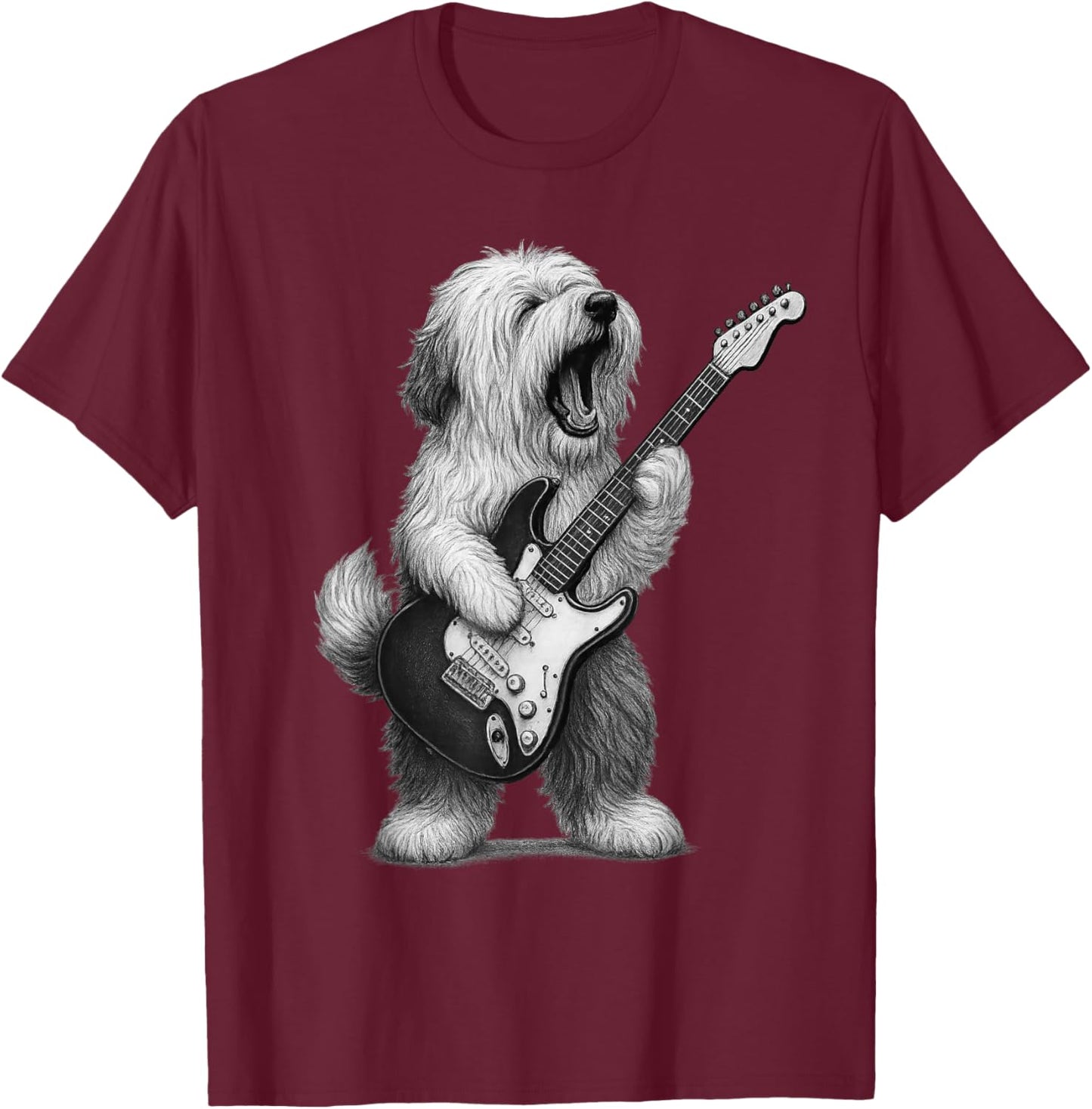 Old English Sheepdog Playing Guitar Rock Music Dog Lover T-Shirt - T-Shirt | Maroon