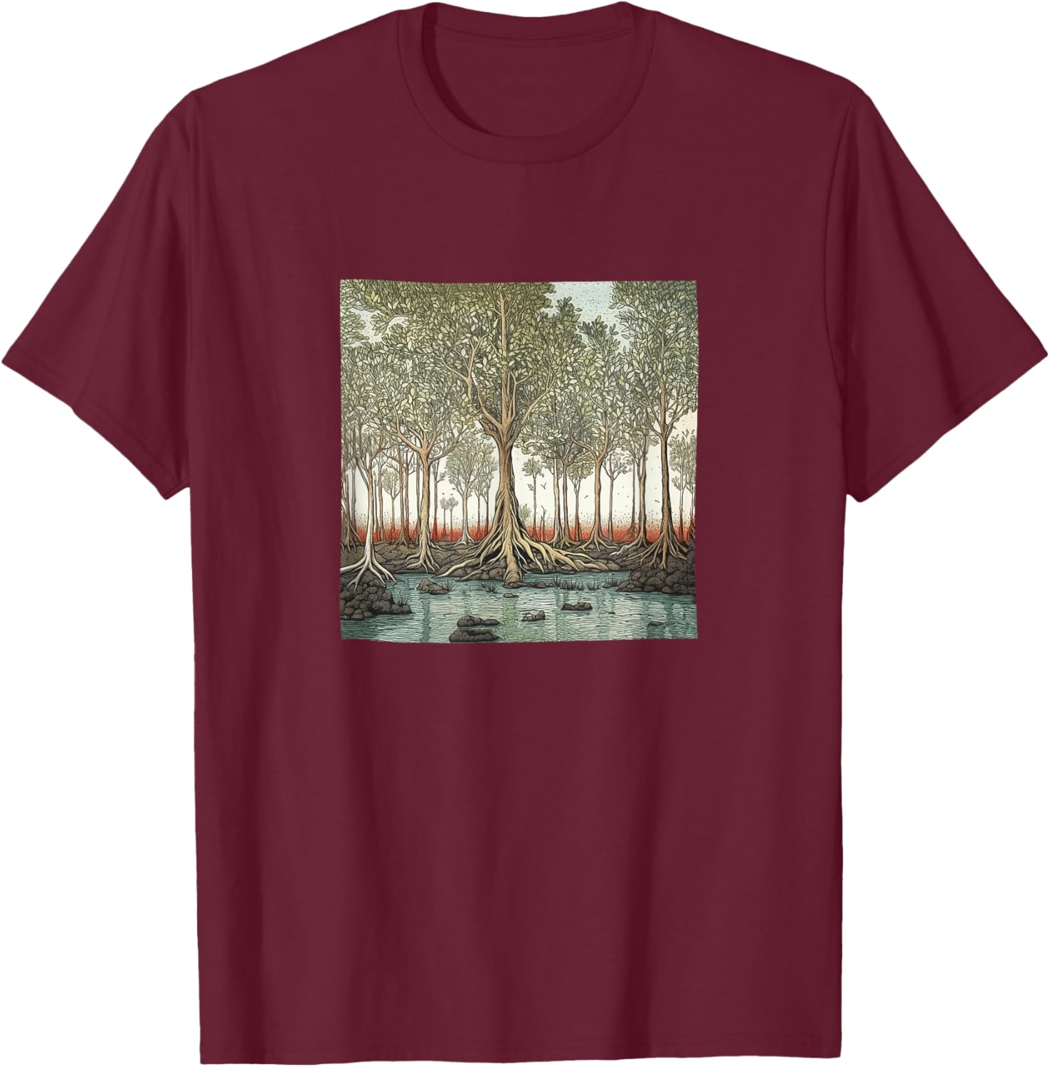 Mangrove Forest Vintage Landscape Graphic T-Shirt - T-Shirt | Maroon