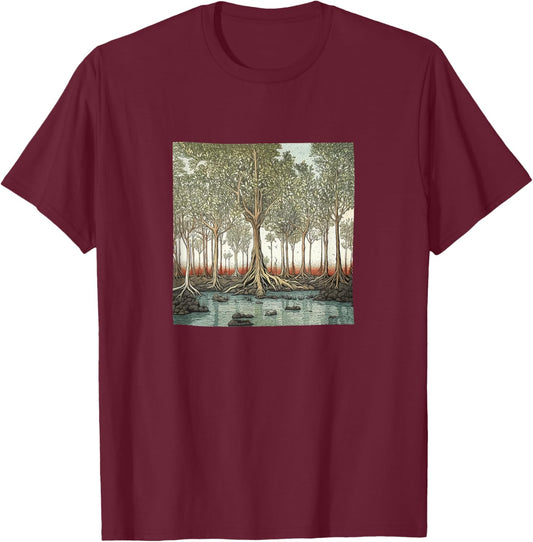 Mangrove Forest Vintage Landscape Graphic T-Shirt - T-Shirt | Maroon