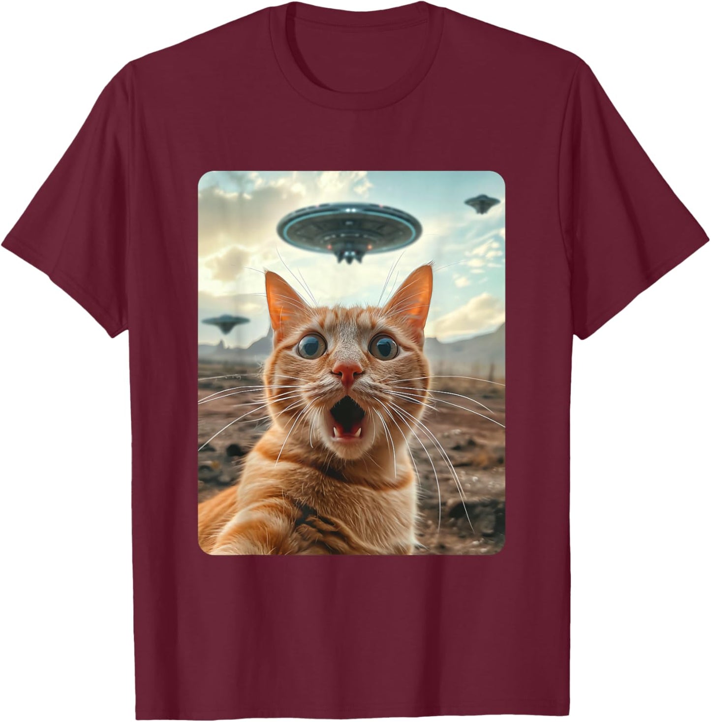 Extraterrestrial Encounter: Cat Selfie with UFO T-Shirt - T-Shirt | Maroon