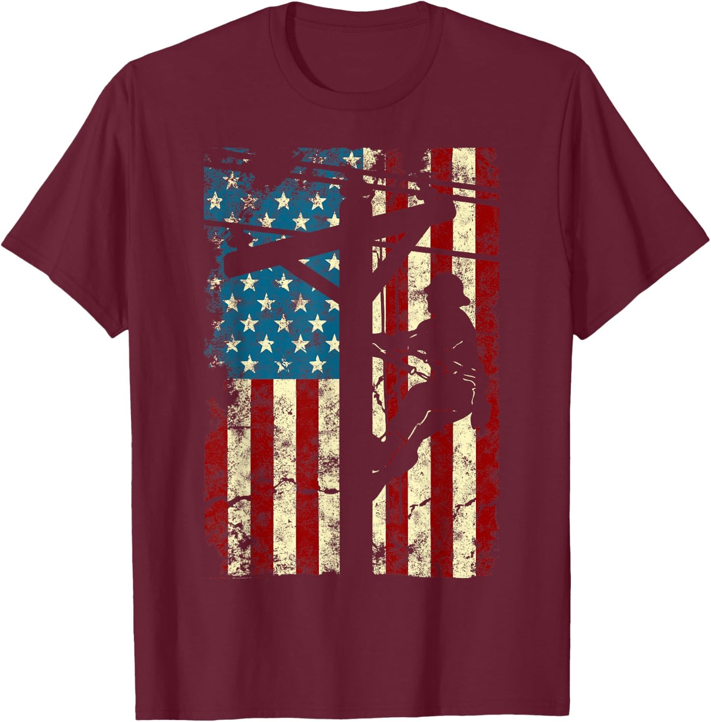 American Flag Electric Cable Lineman gift 4th of July T-Shirt - T-Shirt | Maroon