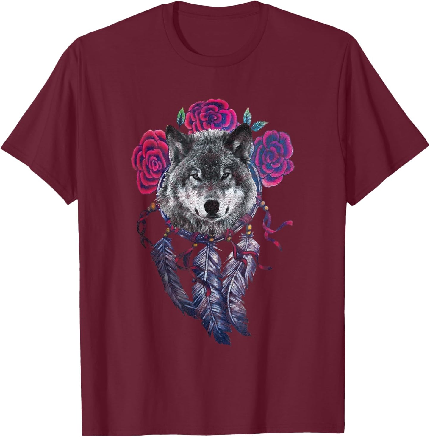Wolf Dream Catcher Spiritual Feathers Wolf Lover T-Shirt - T-Shirt | Maroon
