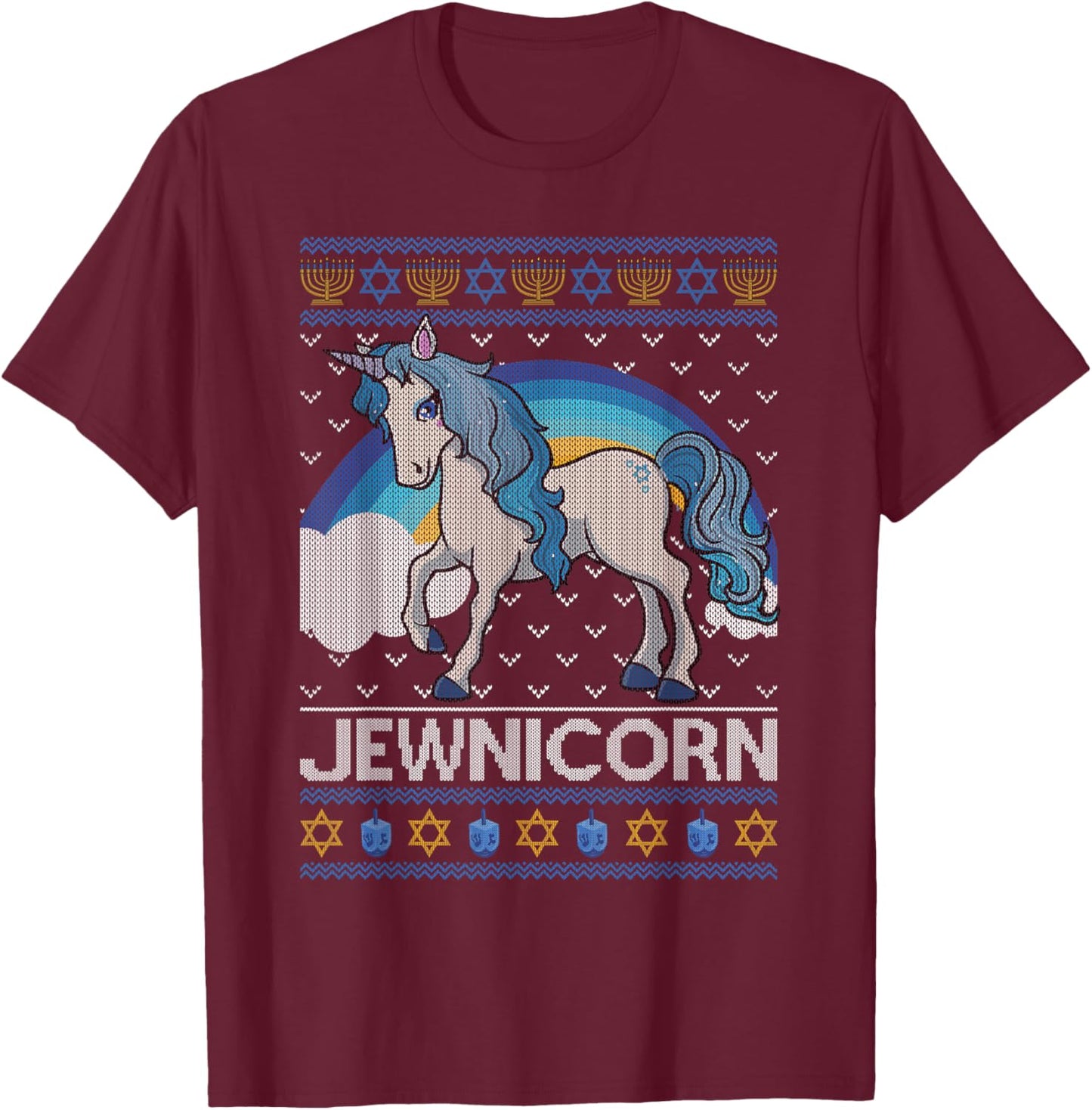 Funny Jewnicorn Jewish Unicorn Menorah Ugly Hanukkah Sweater T-Shirt - T-Shirt | Maroon