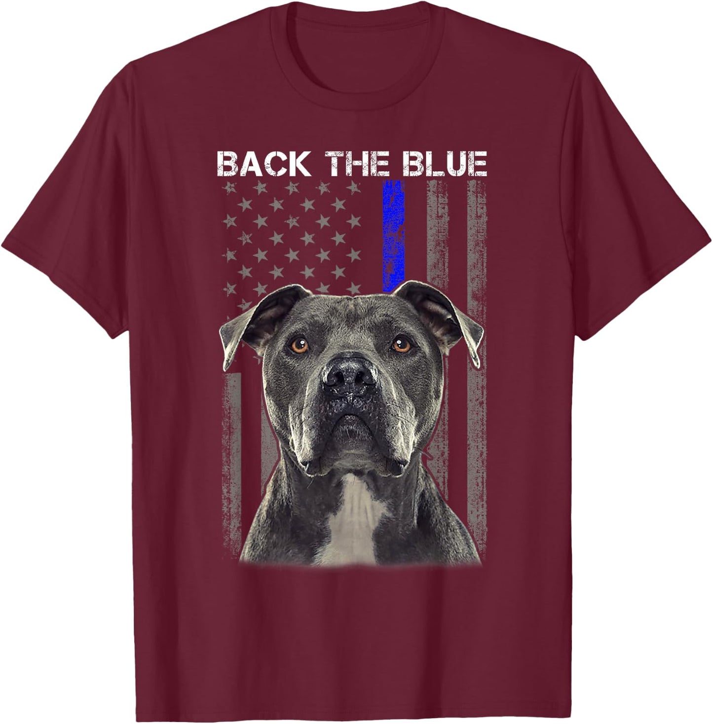 Back The Blue Thin Blue Line USA Flag Pitbull Police Support T-Shirt - T-Shirt | Maroon
