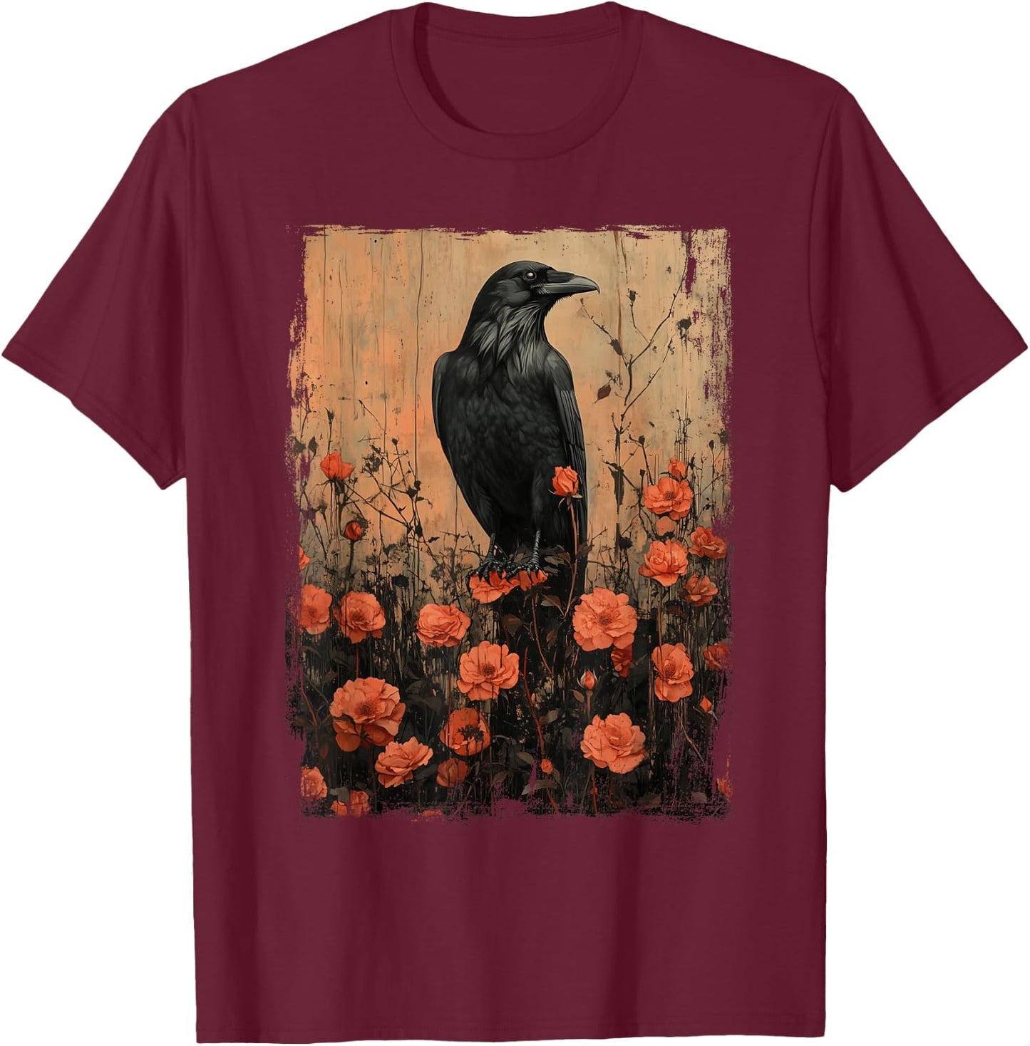 Gothic Raven Roses Vintage Floral Crow Mystical Dark Flower T-Shirt - T-Shirt | Maroon