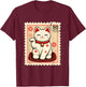 Maneki Neko Japanese Kawaii Lucky Cat Stamp Retro Aesthetic T-Shirt - T-Shirt | Maroon