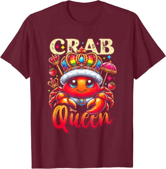 A Crab Wearing A Cloak And A Crown Crab Queen Cartoon Art T-Shirt - T-Shirt | Maroon