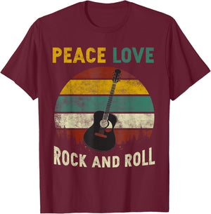 Peace Love Rock and Roll Guitar Player Guitarist Vintage T-Shirt - T-Shirt | Maroon