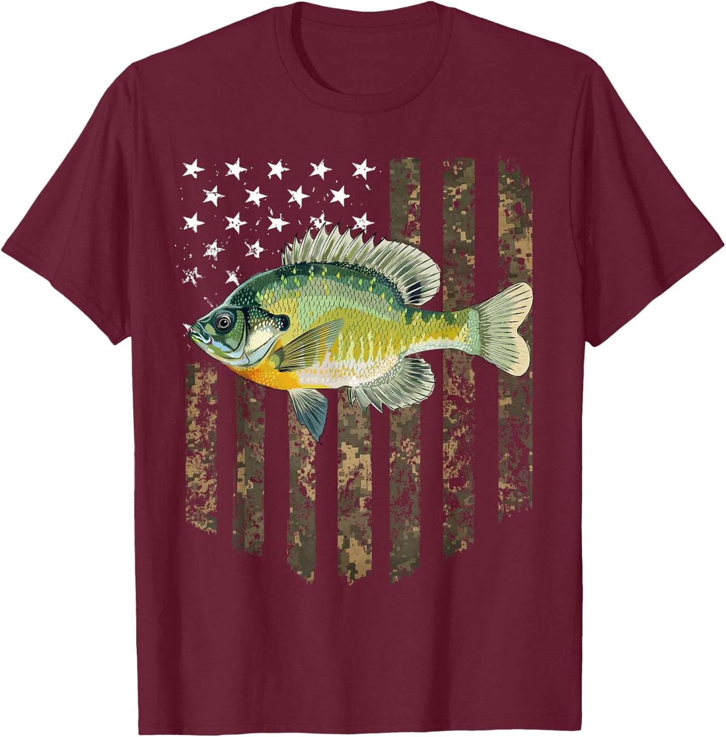 Camo American Flag Bluegill Fishing 4th Of July T-Shirt - T-Shirt | Maroon