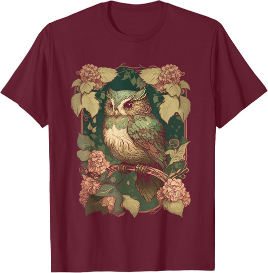 Cottagecore Floral Aesthetic Owl Women Girls T-Shirt - T-Shirt | Maroon