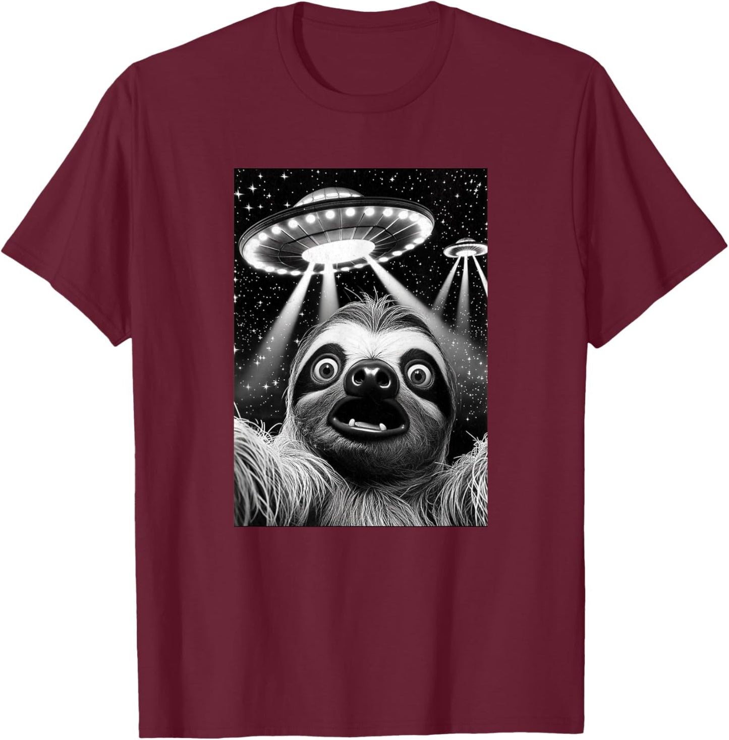 Sloth UFO | Funny Invasion Meme Retro Alien Sloth UFO Selfie T-Shirt - T-Shirt | Maroon