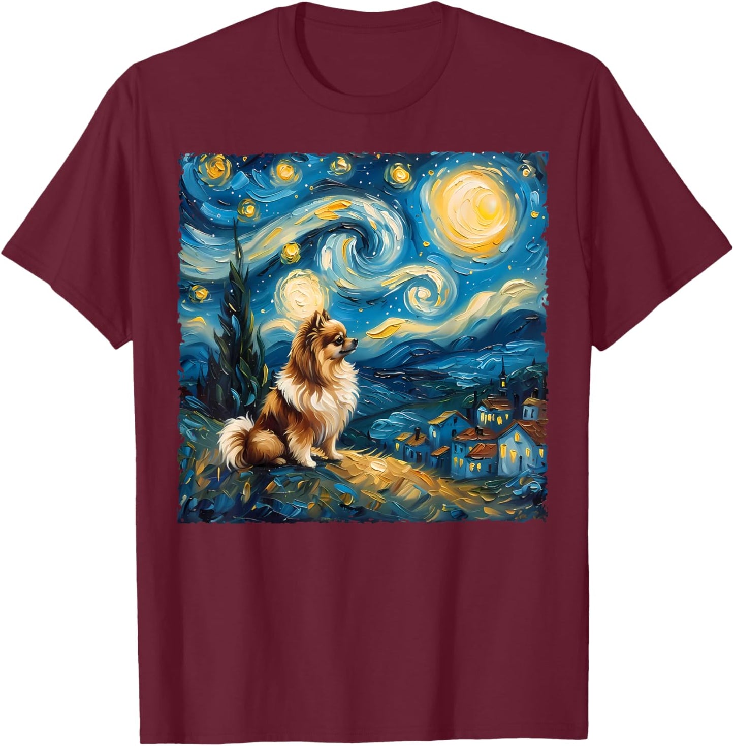 Pomeranian Dog Lovers Starry Night Van Gogh Style Painting T-Shirt - T-Shirt | Maroon