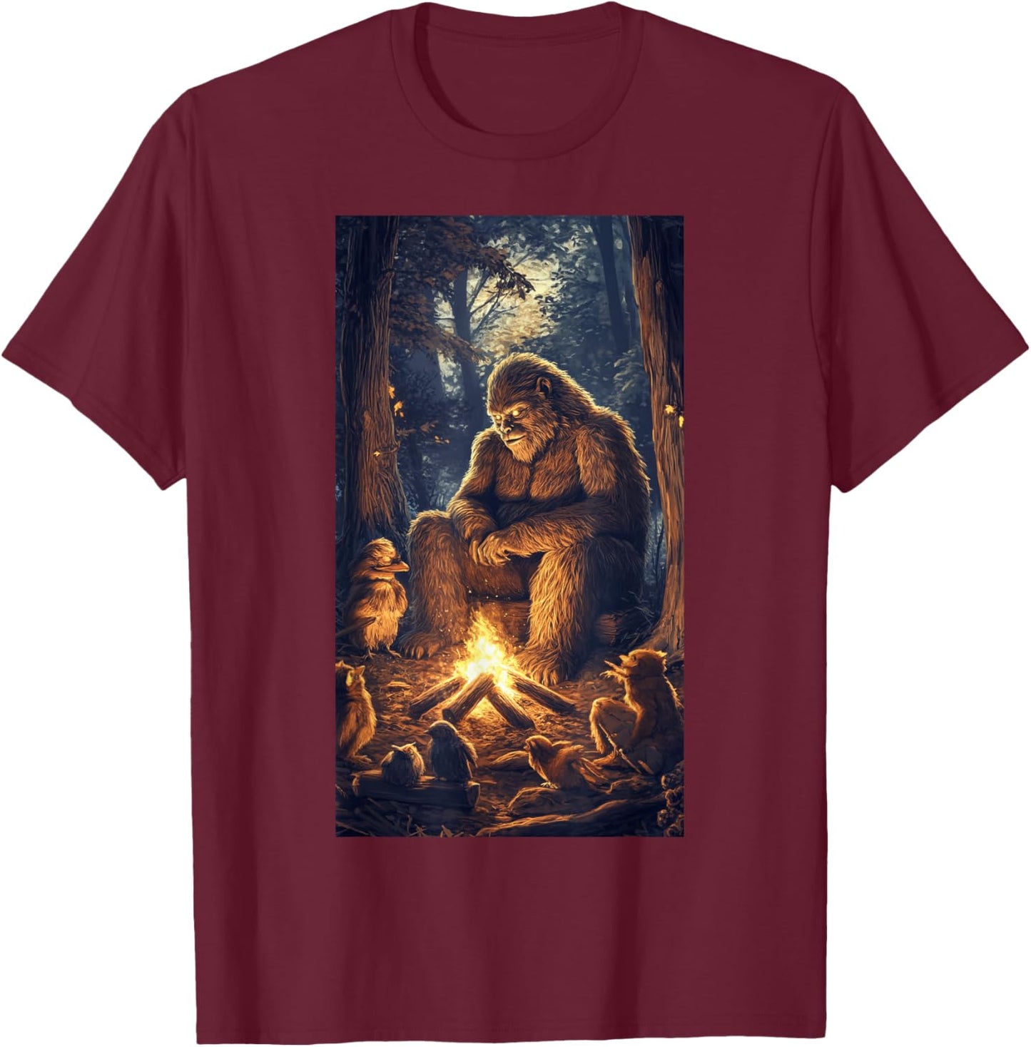 Bigfoot Campfire Woodland Sasquatch Wildlife art T-Shirt - T-Shirt | Maroon