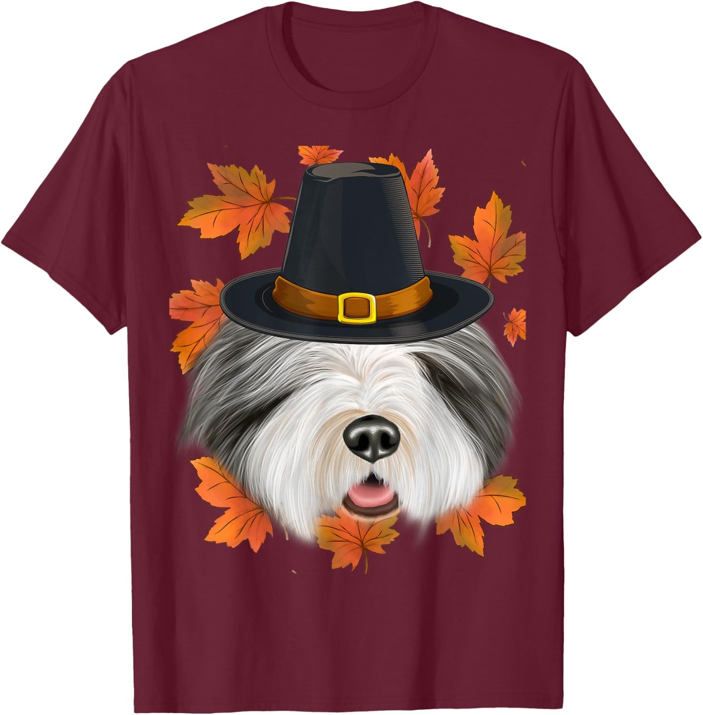 Fall Bearded Collie Pilgrim Thanksgiving T-Shirt - T-Shirt | Maroon