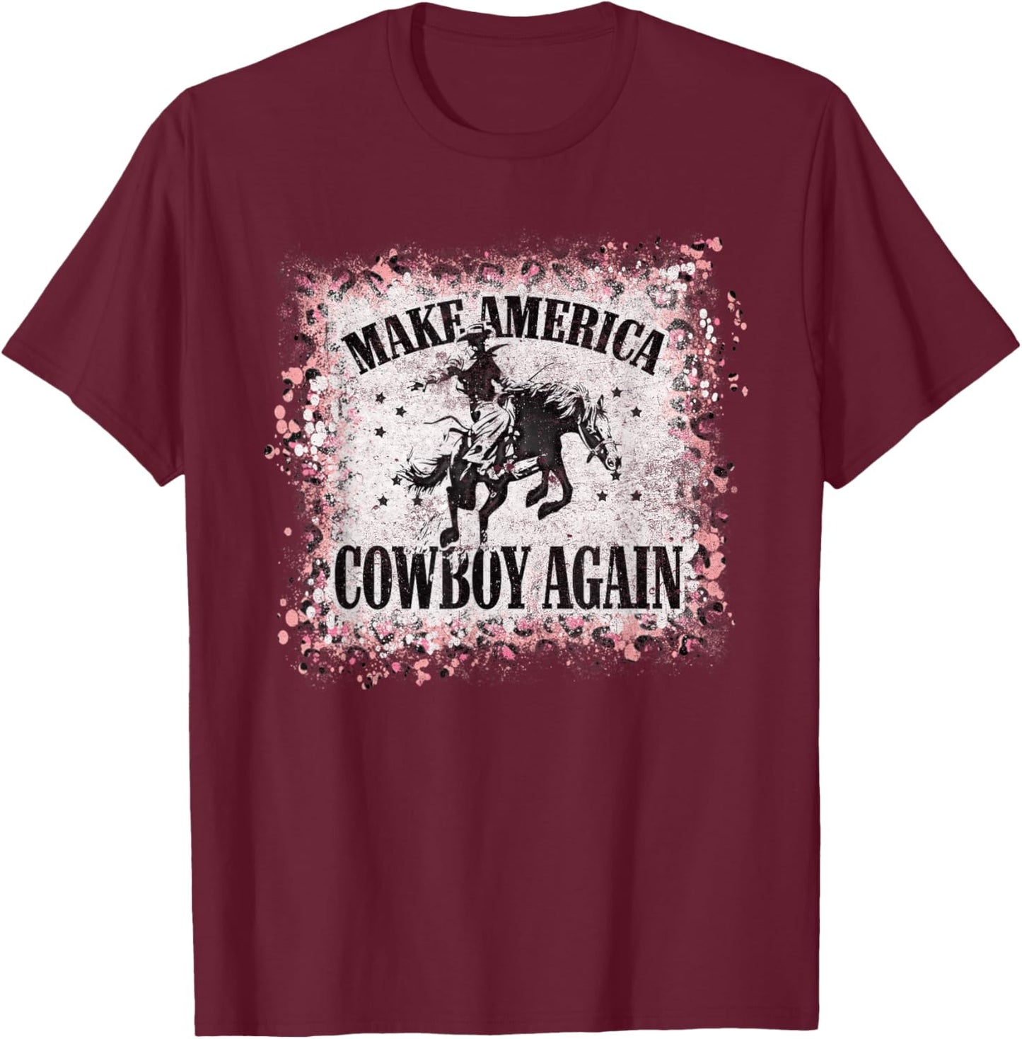 Vintage Leopard Bleached Makes America Cowboy Again T-Shirt - T-Shirt | Maroon