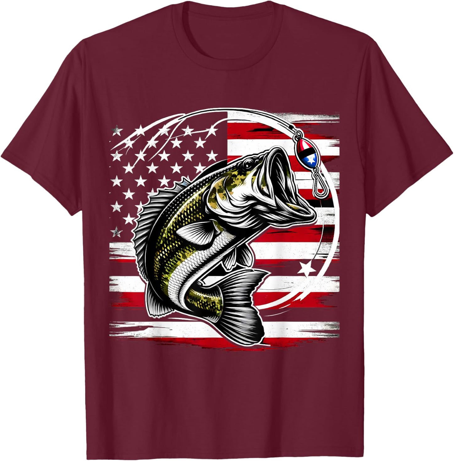 American Flag Fish Fisher Fisherman Funny Bass Fishing USA T-Shirt - T-Shirt | Maroon