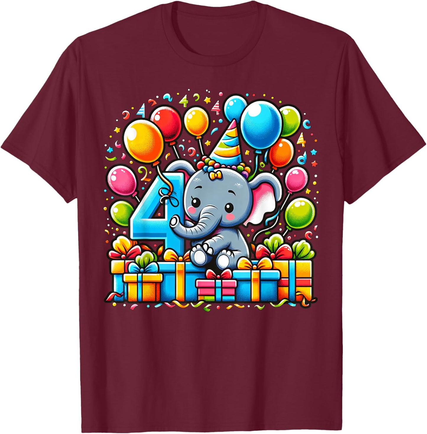 Bday fourth Boys, Girls, Kids age four 4th birthday Elephant T-Shirt - T-Shirt | Maroon