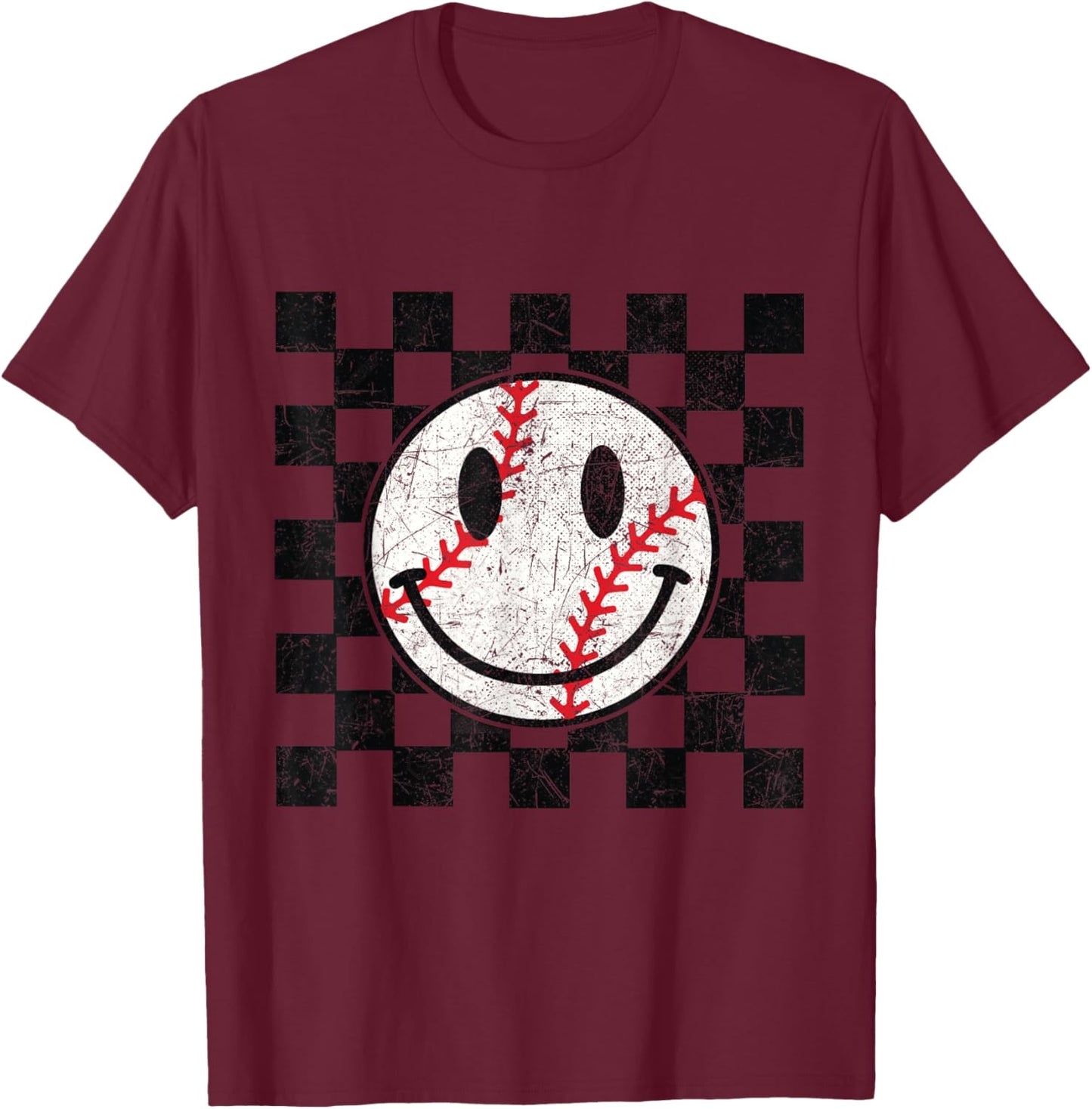 Baseball Smile Checkered Funny Sport Humor T-Shirt - T-Shirt | Maroon