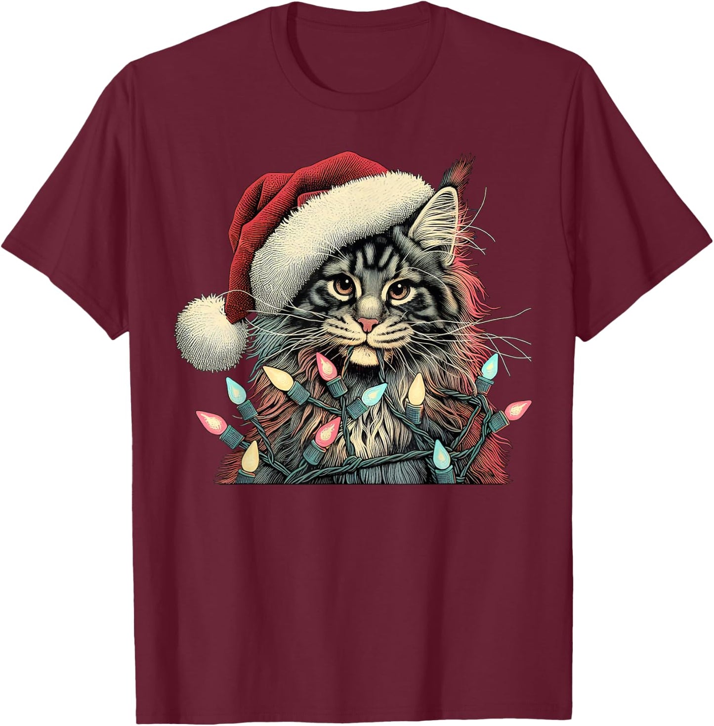 Maine Coon Cat Chew Christmas Light Xmas Holiday Funny Cute T-Shirt - T-Shirt | Maroon