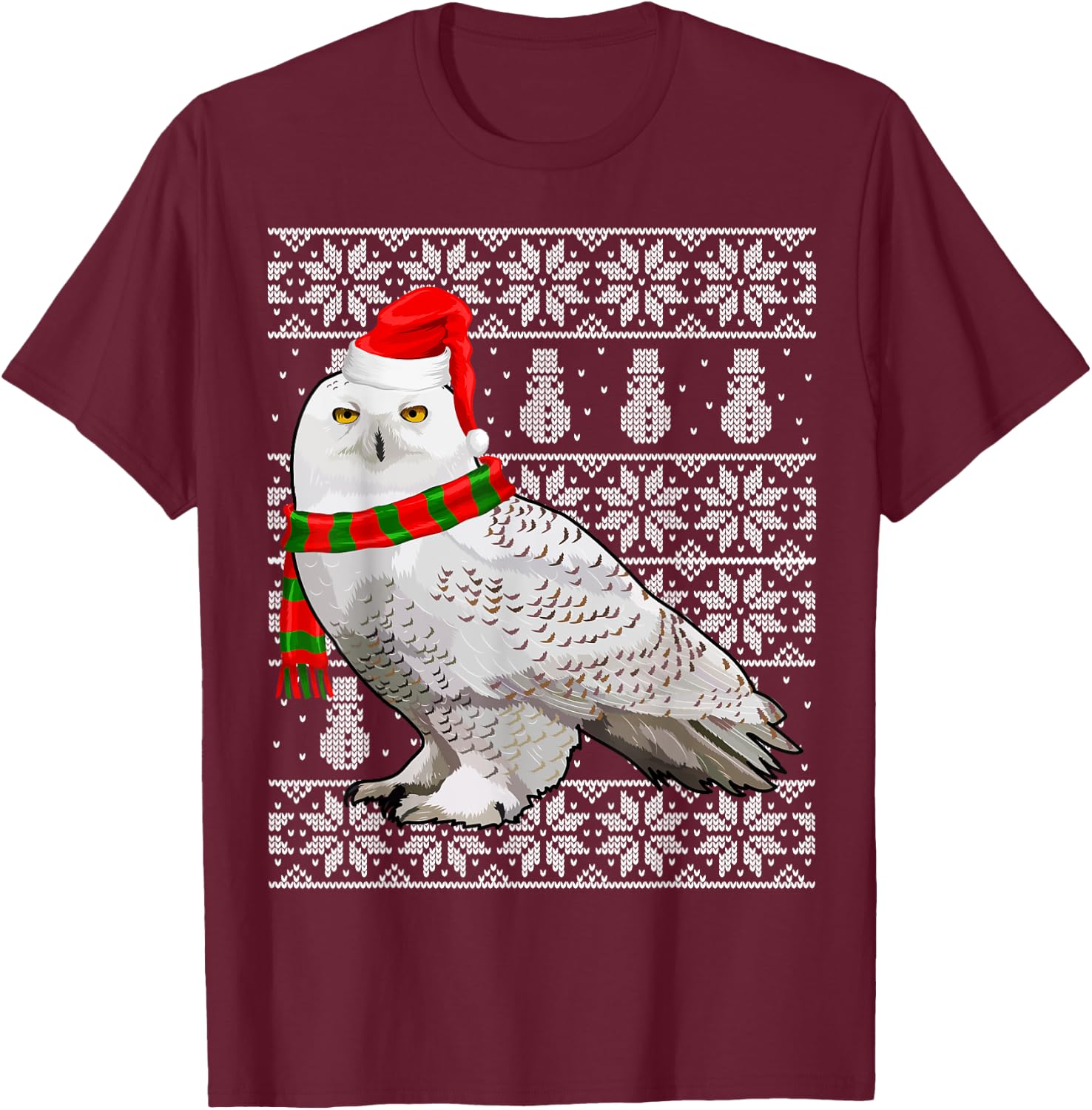 Bird Xmas Santa Hat Snowy Owl Ugly Christmas T-Shirt - T-Shirt | Maroon