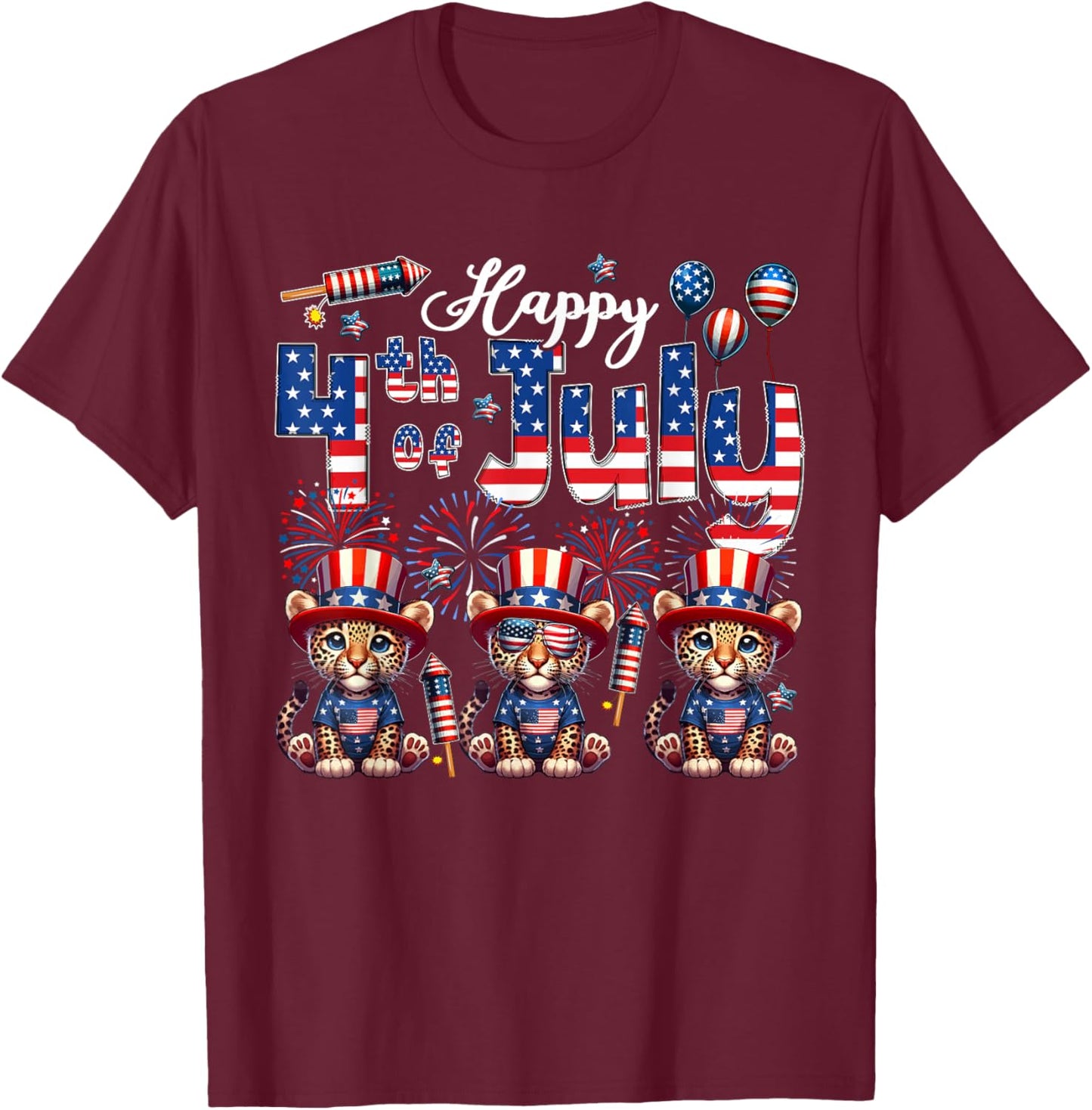 Happy 4th Of July Three Cute Leopards Sunglasses Flag Proud T-Shirt - T-Shirt | Maroon