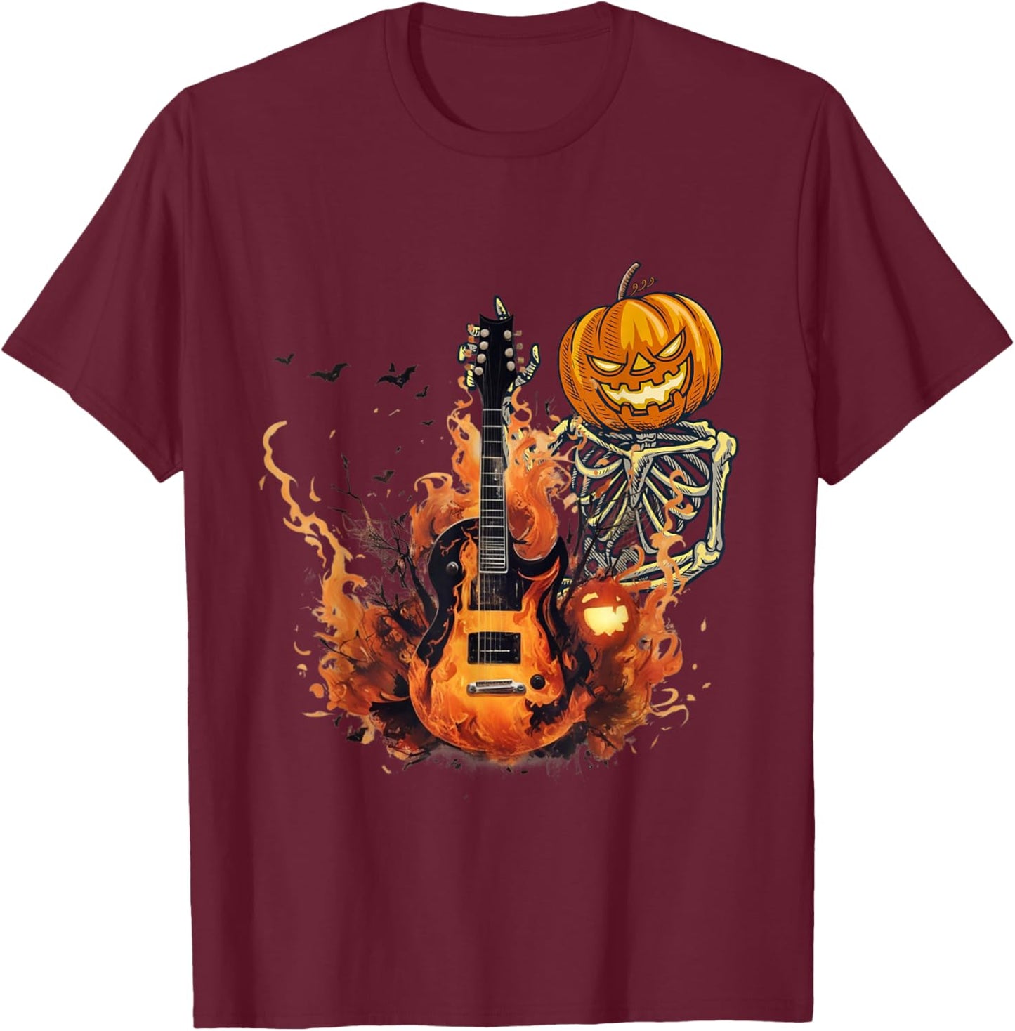 Funny Halloween Skeleton Rocker With Guitar Rock'n Roll Band T-Shirt - T-Shirt | Maroon