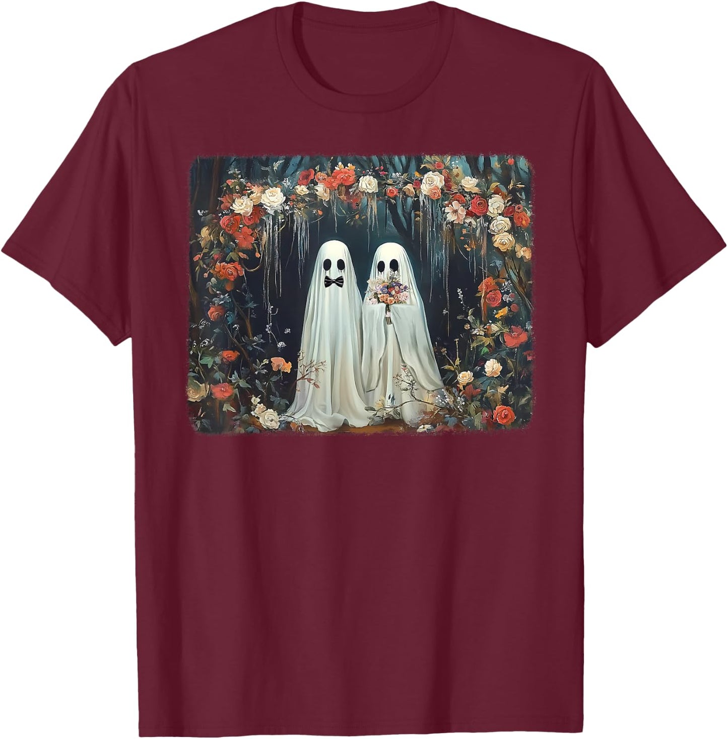 Halloween Floral Ghost Just Married Wedding Groom Bride T-Shirt - T-Shirt | Maroon