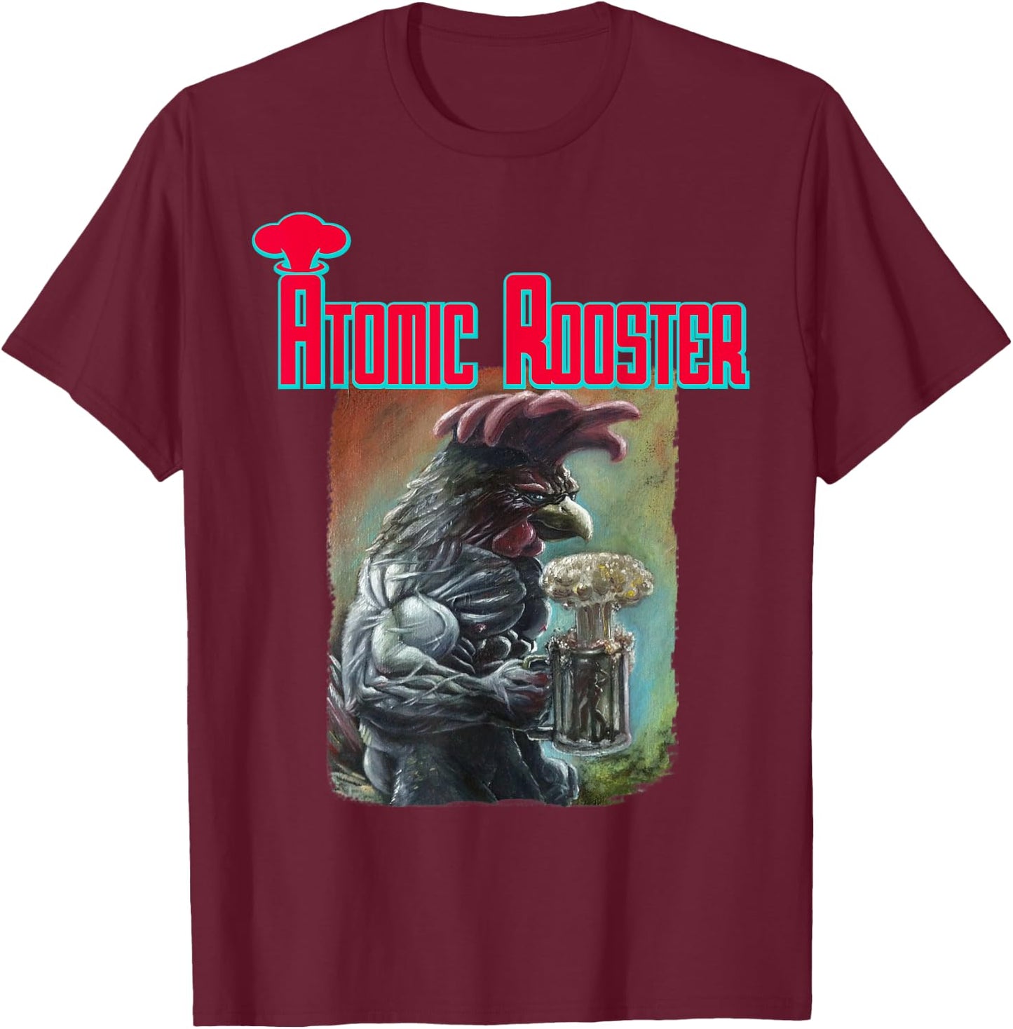 Masterpiece Art Atomic Rooster - Men's Black Cotton Blend Short Sleeve Classic Fit - Music Band - Small T-Shirt - T-Shirt | Maroon