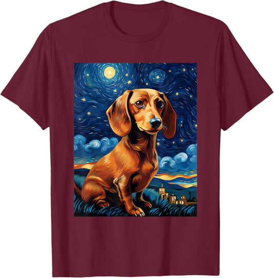Dachshund Starry Night Van Gogh Dachshund Lover Art T-Shirt - T-Shirt | Maroon
