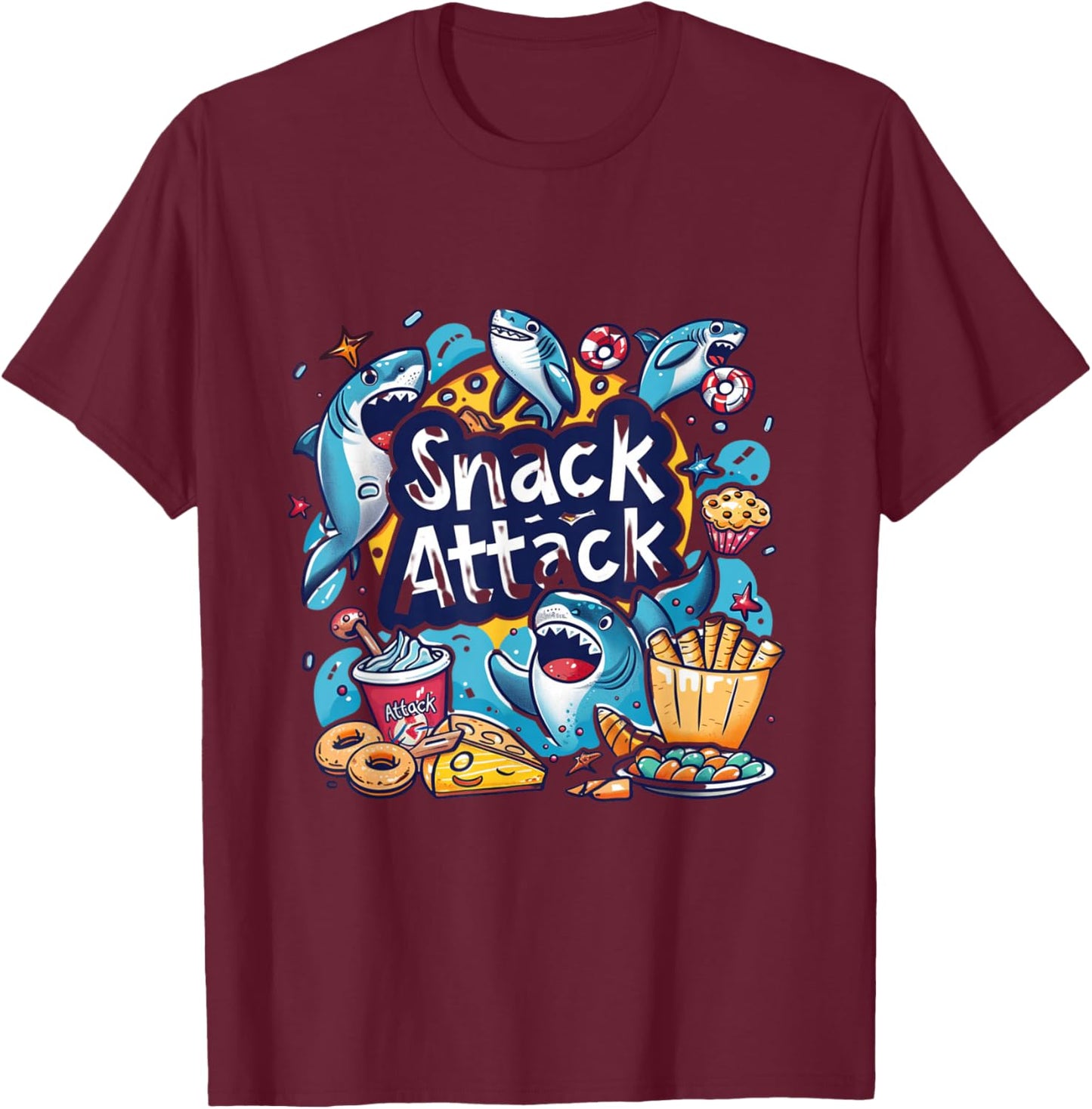 Snack Attack Funny Food Foodie Munchies Children Kids Shark T-Shirt - T-Shirt | Maroon