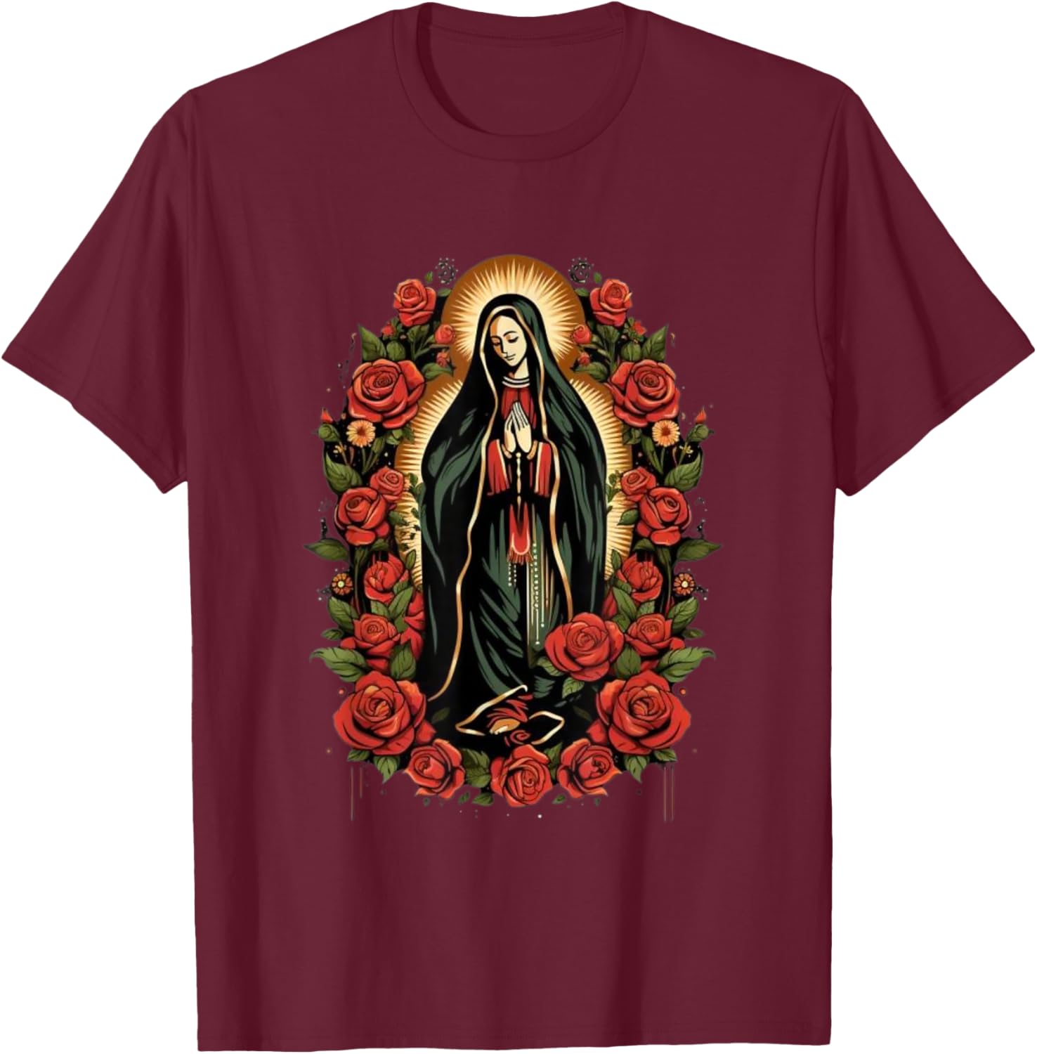 Our Lady De Guadalupe Shirt Men Women Roses T-Shirt - T-Shirt | Maroon