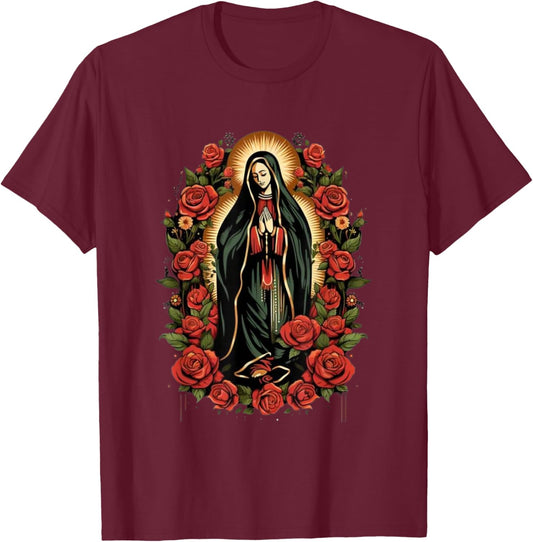 Our Lady De Guadalupe Shirt Men Women Roses T-Shirt - T-Shirt | Maroon