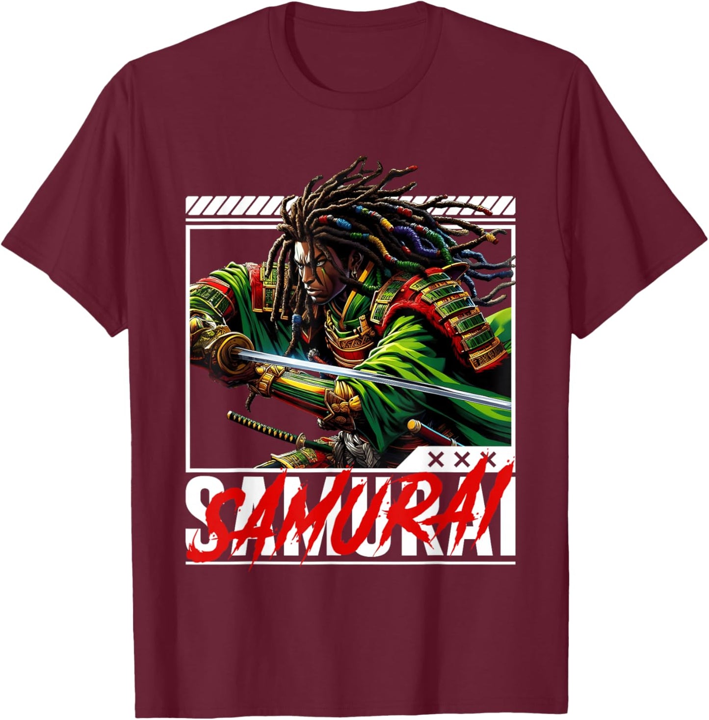 African American Samurai Black Japanese Afro Warrior T-Shirt - T-Shirt | Maroon