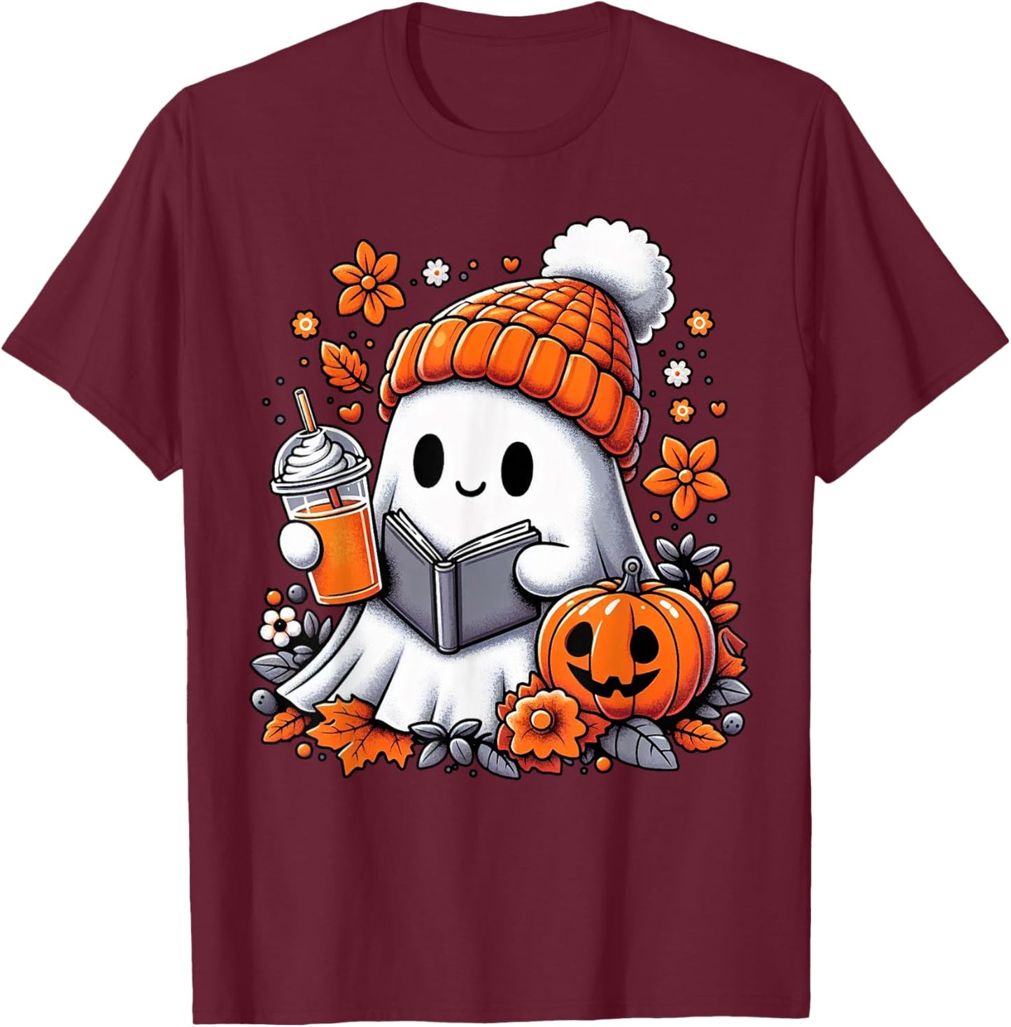 Ghost Drinking Coffee Book Reading Halloween Pumpkin Flower T-Shirt - T-Shirt | Maroon
