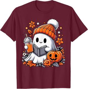 Ghost Drinking Coffee Book Reading Halloween Pumpkin Flower T-Shirt - T-Shirt | Maroon