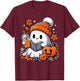 Ghost Drinking Coffee Book Reading Halloween Pumpkin Flower T-Shirt - T-Shirt | Maroon