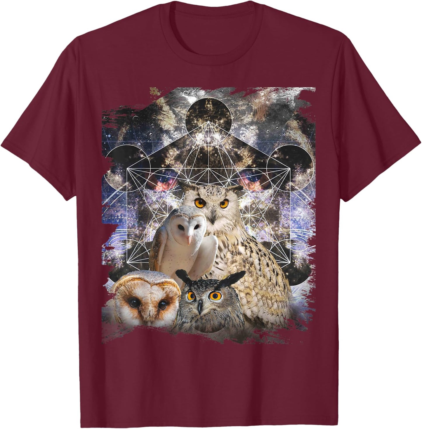 Trippy Owl Psychedelic Chakra Owls Life Flower Mandala Rave T-Shirt - T-Shirt | Maroon