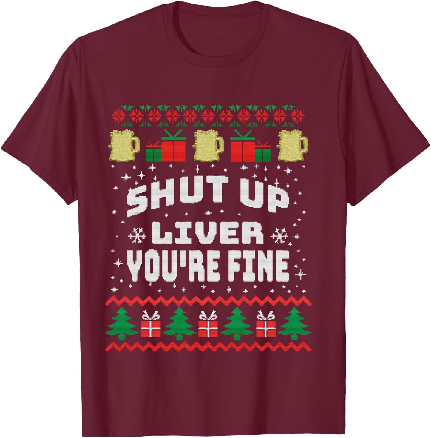 Drinking Xmas Shirt with Beer, Stitch an Knitting T-Shirt - T-Shirt | Maroon
