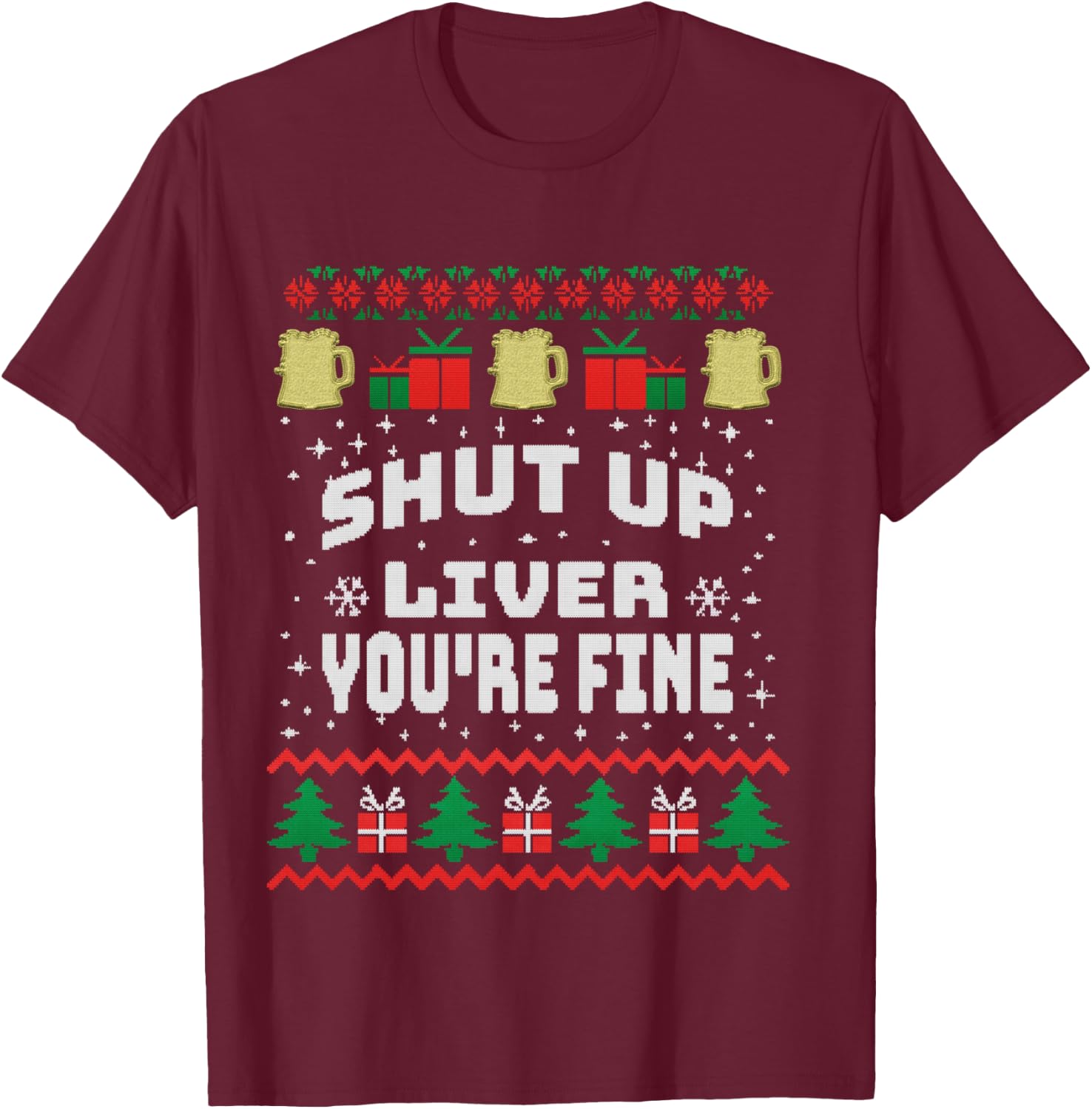 Drinking Xmas Shirt with Beer, Stitch an Knitting T-Shirt - T-Shirt | Maroon