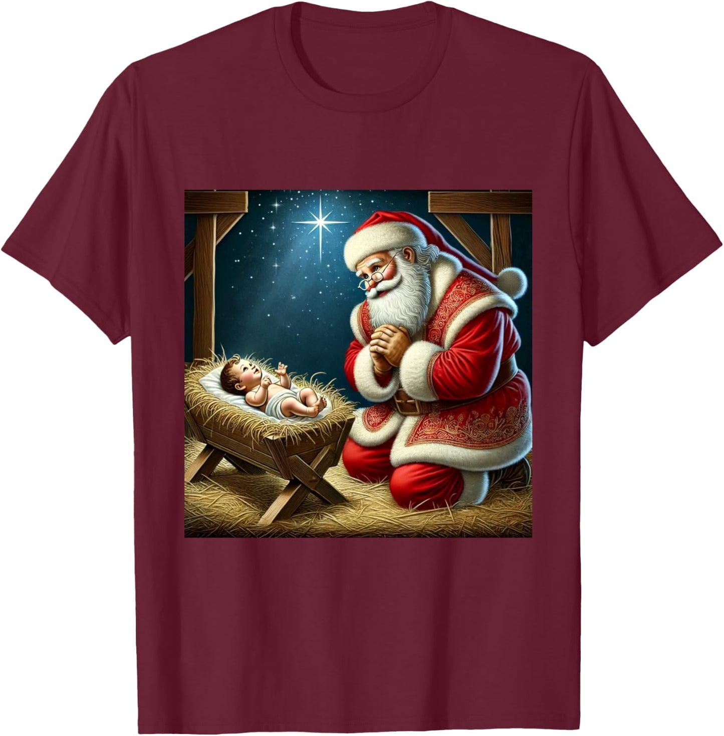 Santa Kneeling Before Baby Jesus Christmas T-Shirt - T-Shirt | Maroon