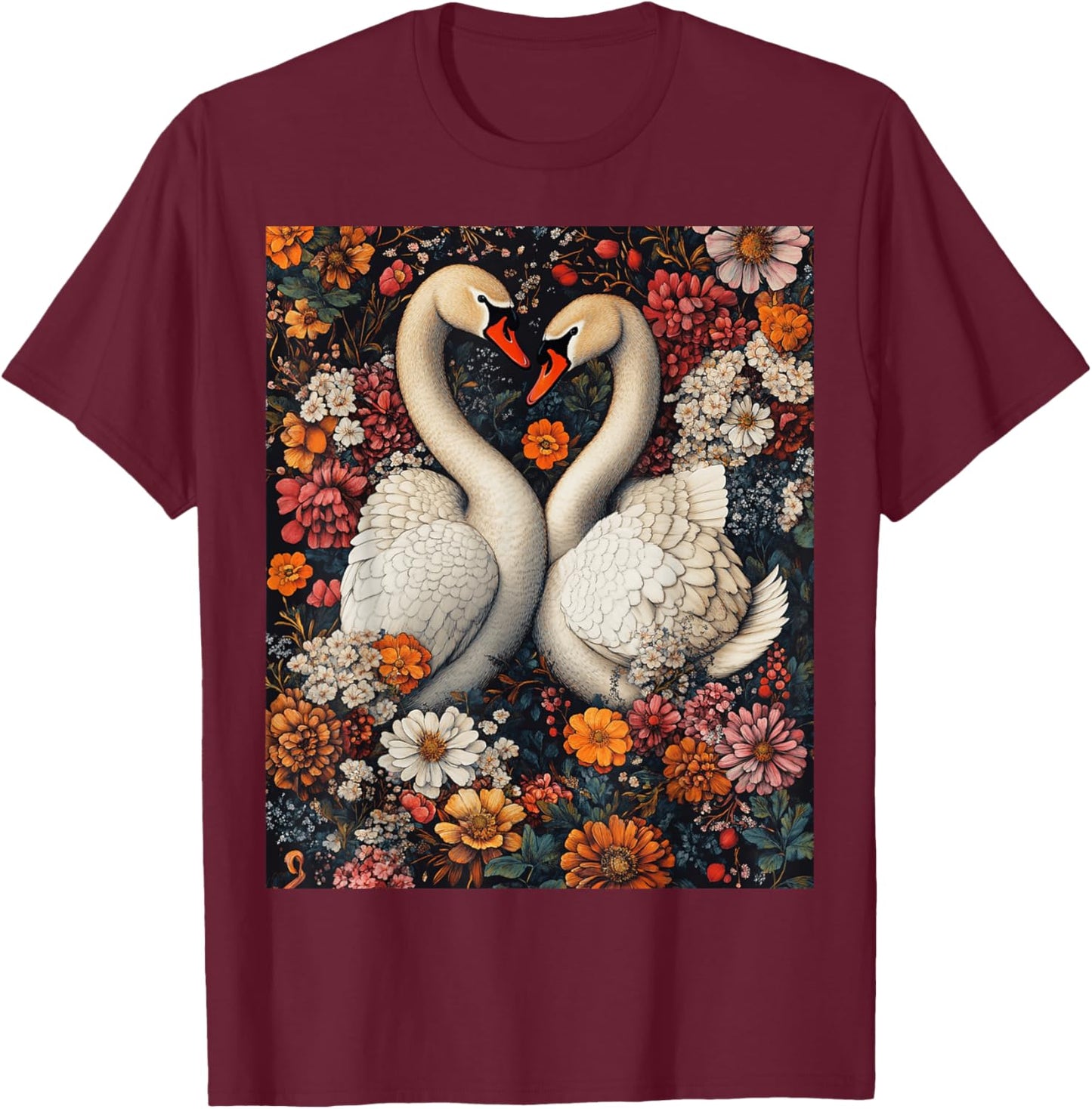Romantic Swan Heart Nature Art T-Shirt - T-Shirt | Maroon