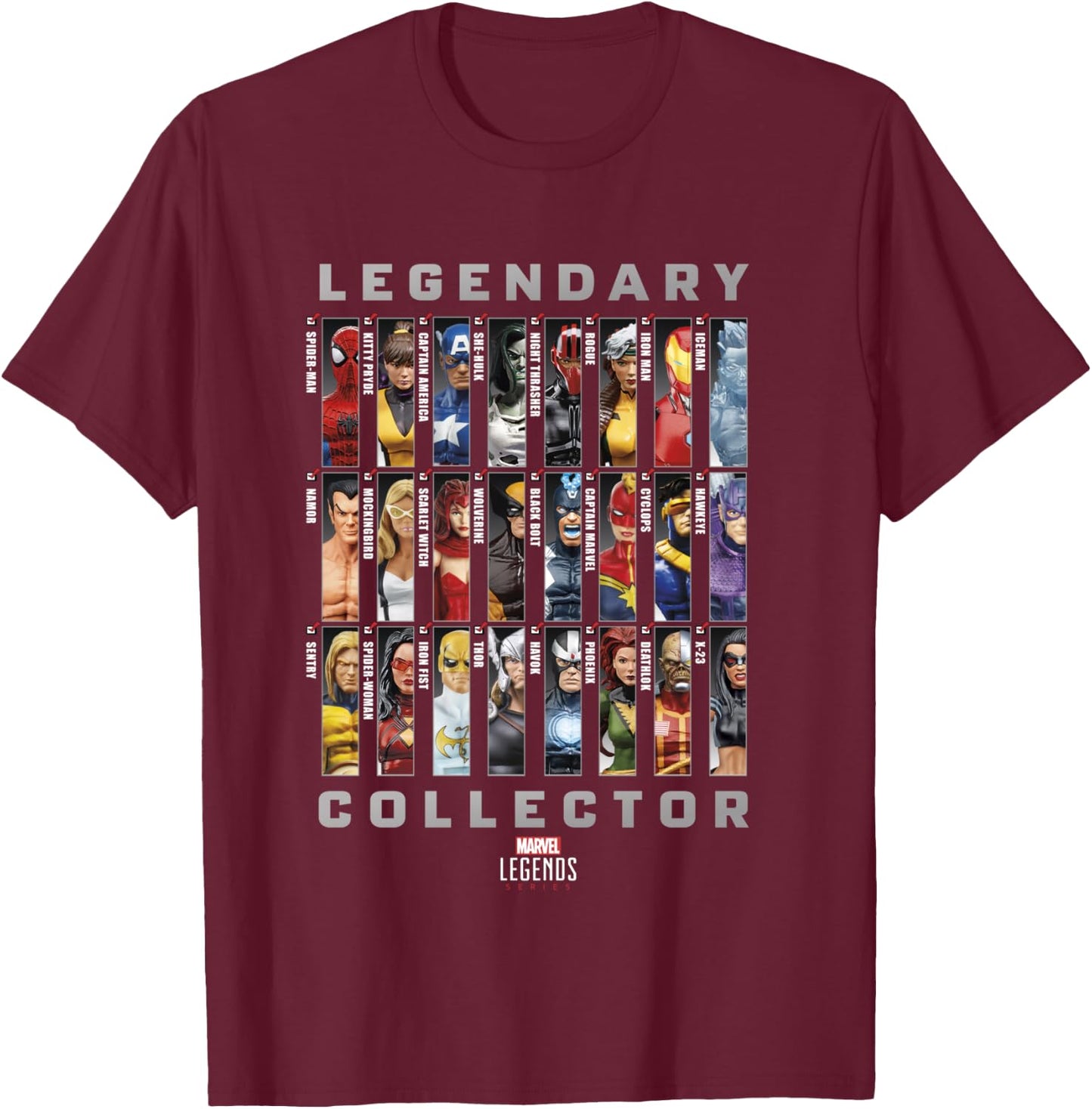 Marvel Legends Series Legendary Collector Checklist T-Shirt - T-Shirt | Maroon