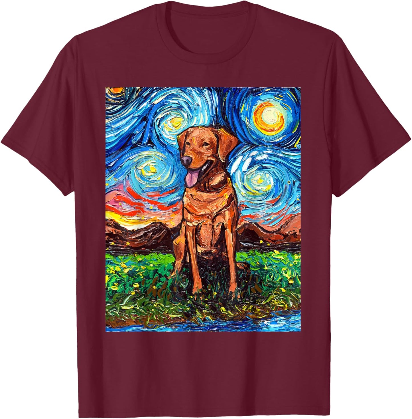 Fox Red Labrador Starry Night Dog Official Art by Aja Men Women Kids T-Shirt - T-Shirt | Maroon