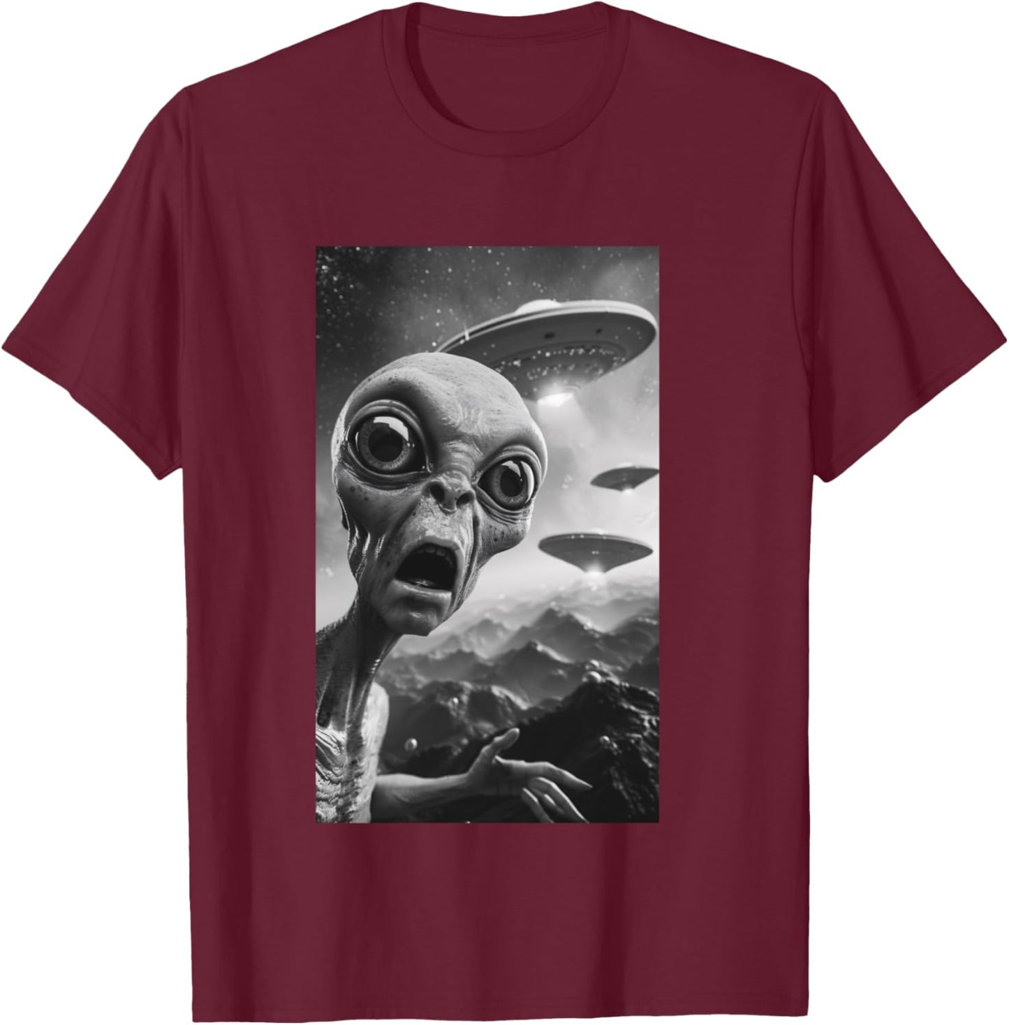 Funny Alien UFO Soucoupe volante Selfie Homme Femme Manche Longue T-Shirt - T-Shirt | Maroon