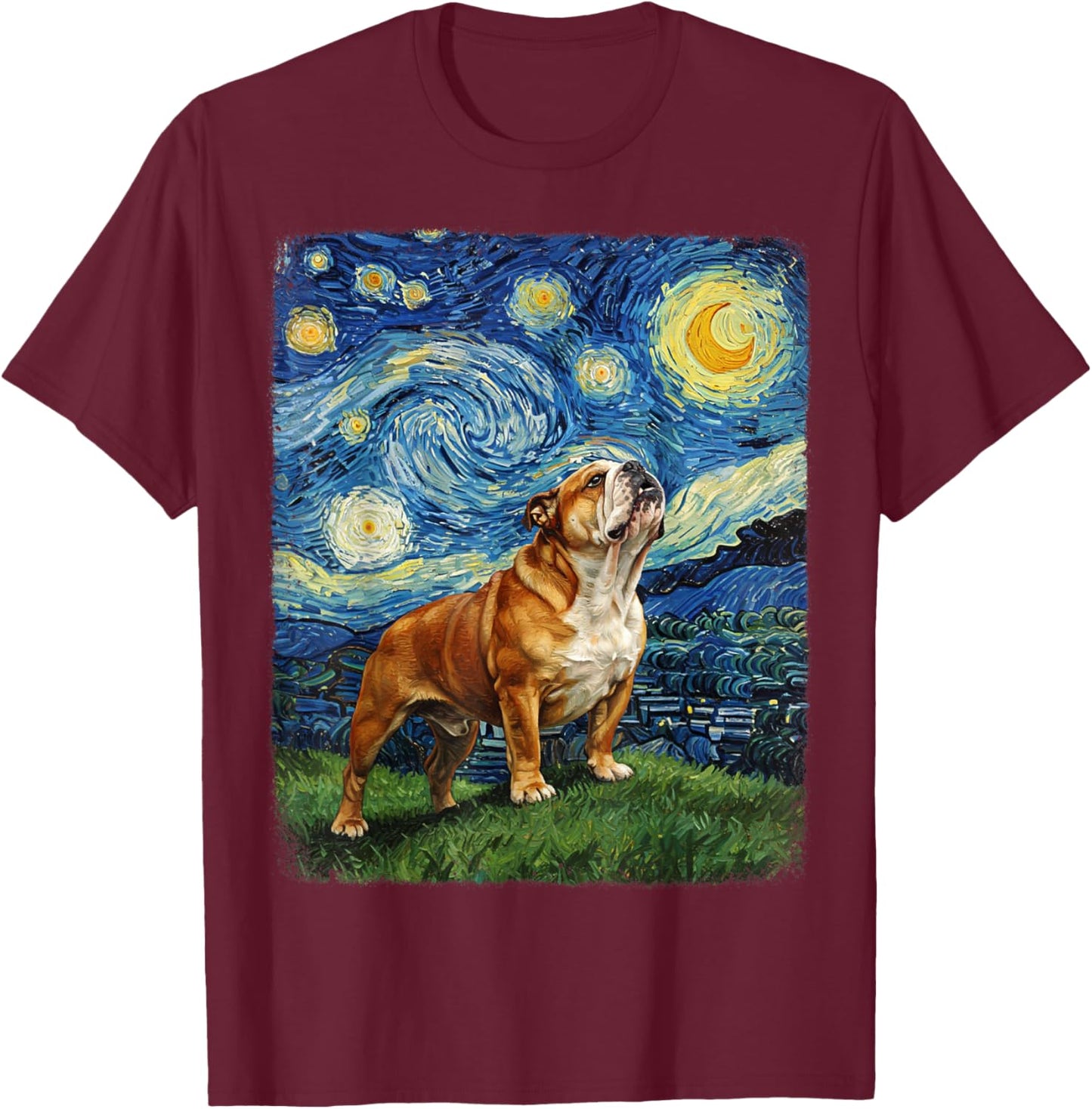 Bulldog Howling At Moon Starry Night Van Gogh Funny T-Shirt - T-Shirt | Maroon