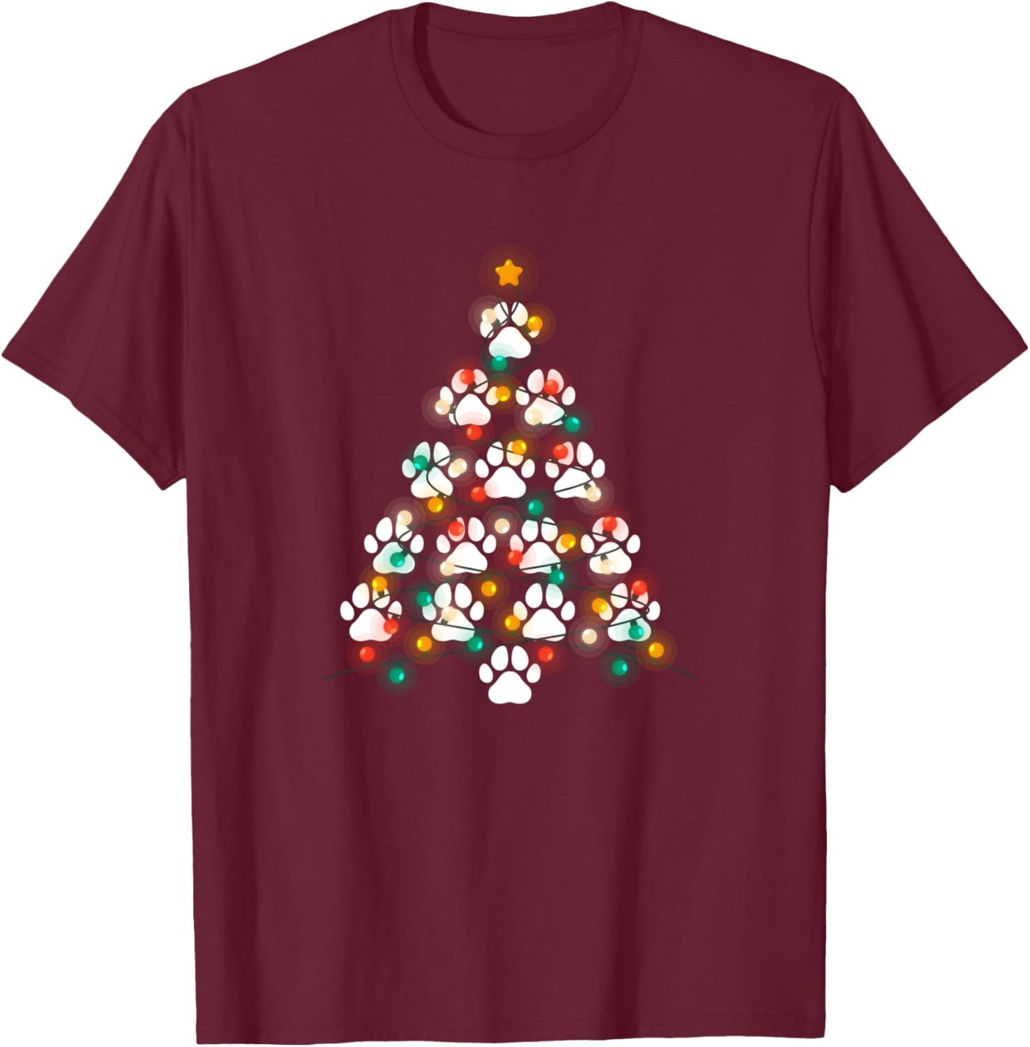 Dog Paw Print Puppy Christmas Tree Lights Cool X-Mas Dogs T-Shirt - T-Shirt | Maroon