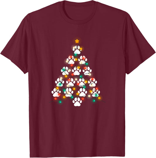 Dog Paw Print Puppy Christmas Tree Lights Cool X-Mas Dogs T-Shirt - T-Shirt | Maroon