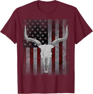 Bull Skull American Flag Cow Skull Western Graphic Wild West T-Shirt - T-Shirt | Maroon