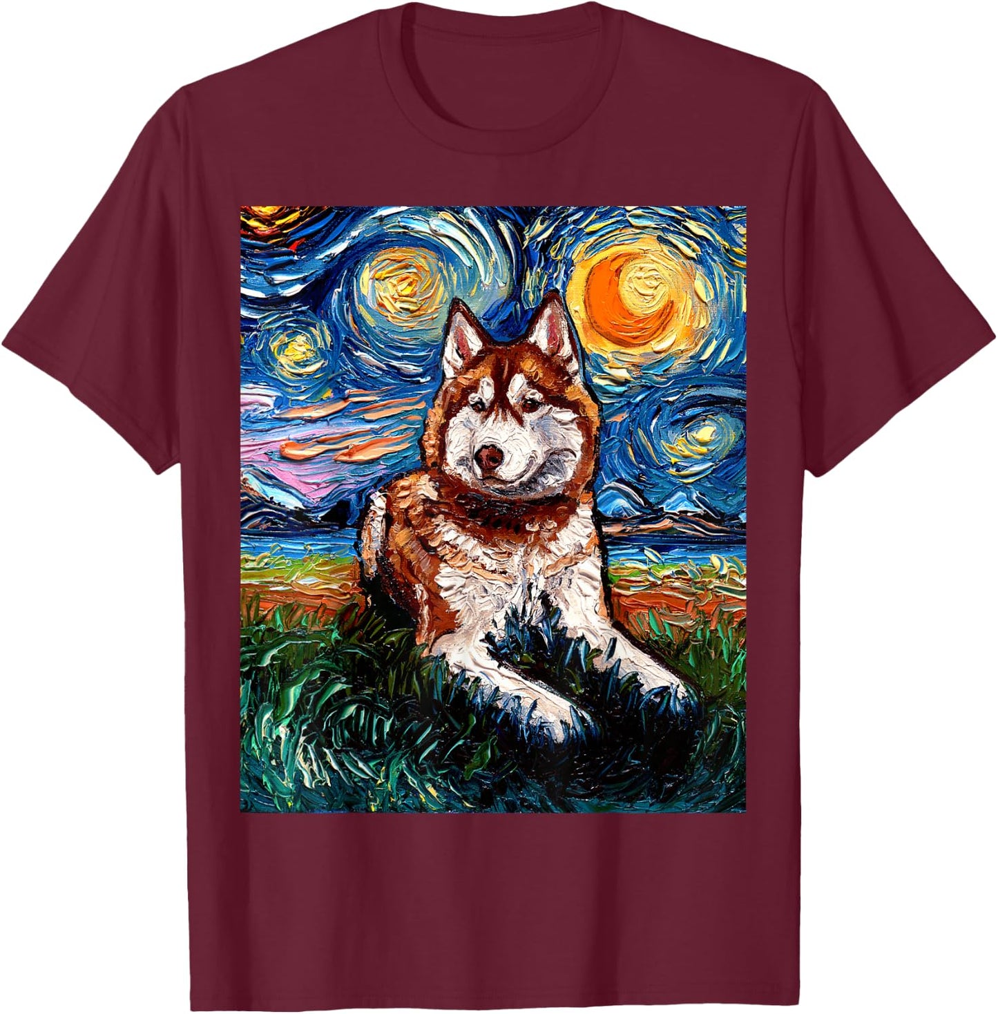 Red Siberian Husky Starry Night Alaskan Malamute Dog Artwork T-Shirt - T-Shirt | Maroon