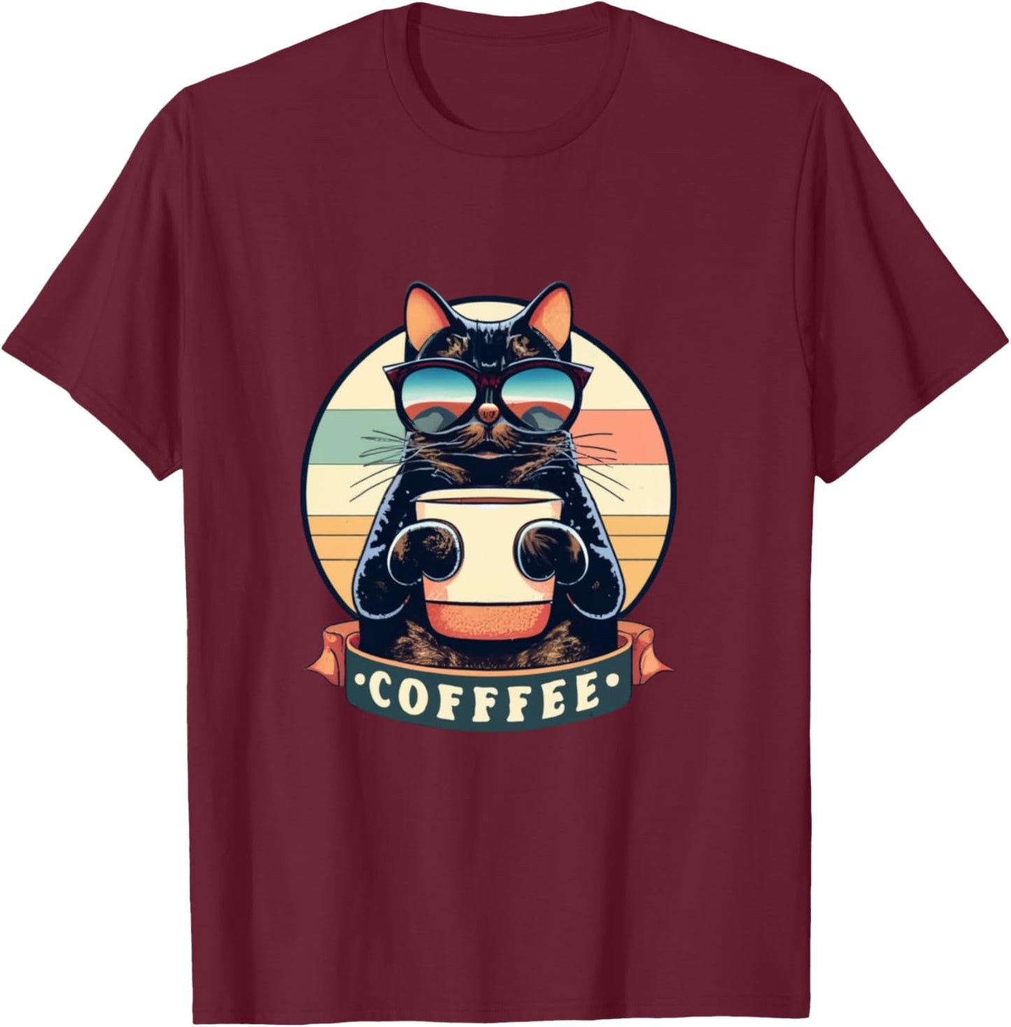 Cute Coffee Cat | Funny Vintage Cat | Black Cat | Retro Cat T-Shirt - T-Shirt | Maroon